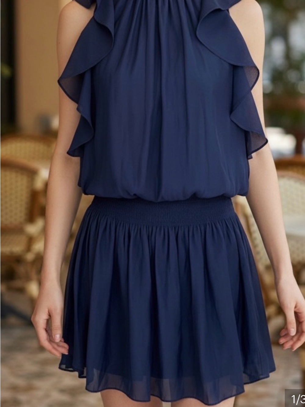 Ramy Brook Rembi Navy Blue Ruffled Sleeveless Mini Dress with Smocked Waist